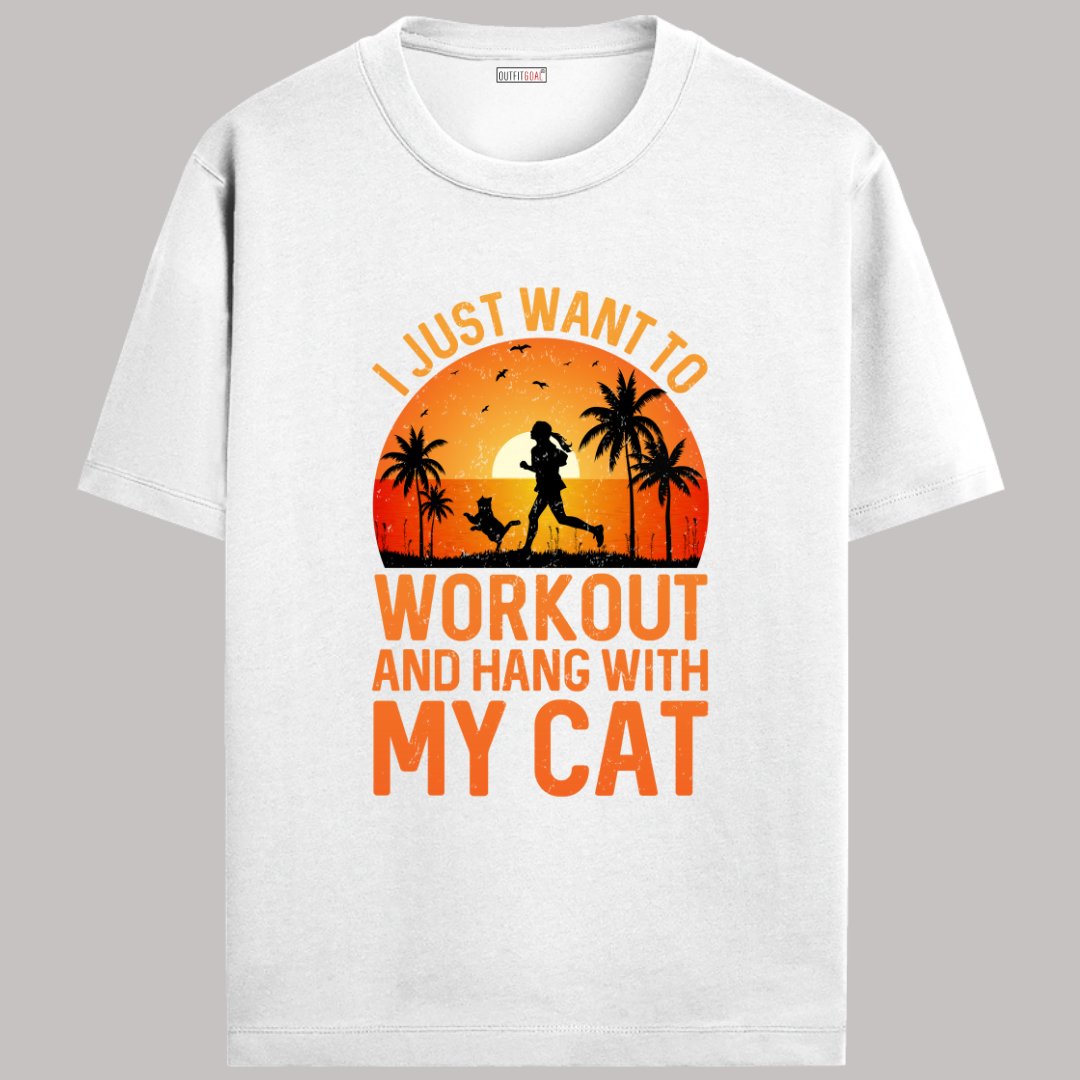 OUTFITGOAL “I Just Want to Workout and Hang with My Cat” Running T-Shirt | Funny Fitness Tee | 100% Super Combed Cotton | Bio-Washed | Unisex Fit | Cat Lover Workout Shirt | Pet Lifestyle Tee